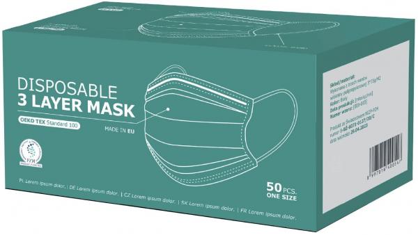 The image shows a packaging of disposable masks. The box is green with printed text about the masks. It contains 50 pieces, with a note on the three layers.