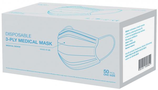 Das Bild zeigt eine Packung mit medizinischen Masken. Die Box ist hellgrau und enthält 50 Einwegmasken. Auf der Vorderseite sind eine Maske und die Aufschrift "DISPOSABLE 3-PLY MEDICAL MASK" abgebildet.