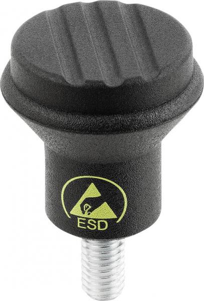 The image shows a black, round ESD button with a ridged surface. It has a threaded end suitable for mounting. A yellow symbol with "ESD" is visible.