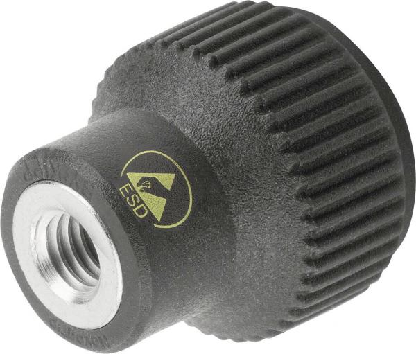 The image displays a round, black-gray ESD button with a ridged surface. In the center, there is a thread. A yellow symbol with the inscription "ESD" is visible.
