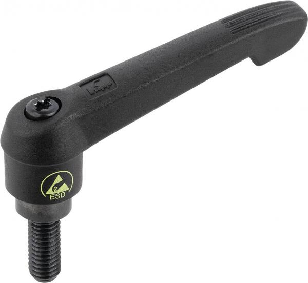 The image shows a black lever with a round head that contains a screw. The handle has grooves for better grip and is slightly curved at the end. There is an ESD symbol at the base.