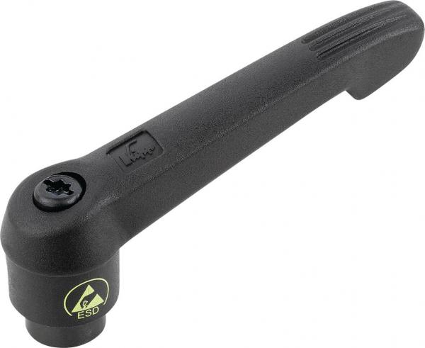 This is a black handle with a long, slightly curved shape. The handle has an opening at one end for a screw insert and is marked with a yellow ESD symbol.