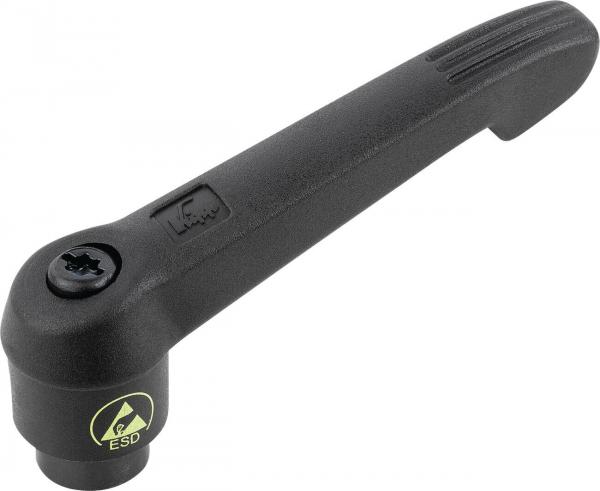 The image shows a black tool lever with an ergonomic grip shape and a round base. The underside has a green symbol for electrostatic discharge (ESD).