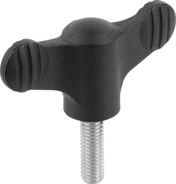 The image shows a black handle in the shape of a T with two round, ridged ends. In the center, there is a ball, and beneath it, there is a metal thread.