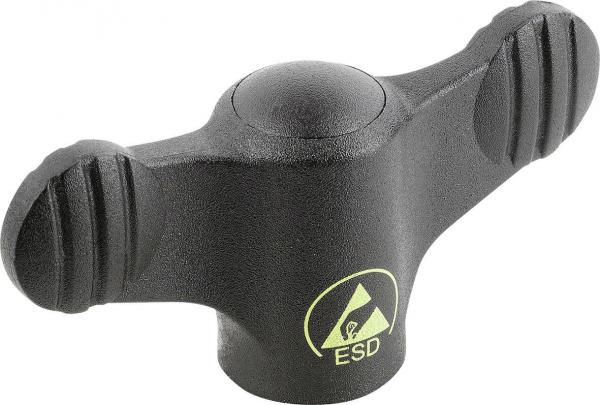 The image shows a black, three-lobed rotary knob with a round center. There are grip ridges on the sides. A yellow ESD symbol indicates electrostatic discharge.