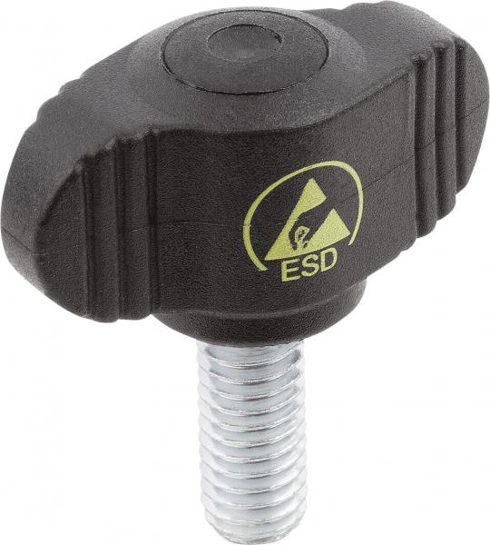 The image shows a black plastic button with a round top and ridged sides. Below there is a metal thread. A yellow symbol with "ESD" is visible.