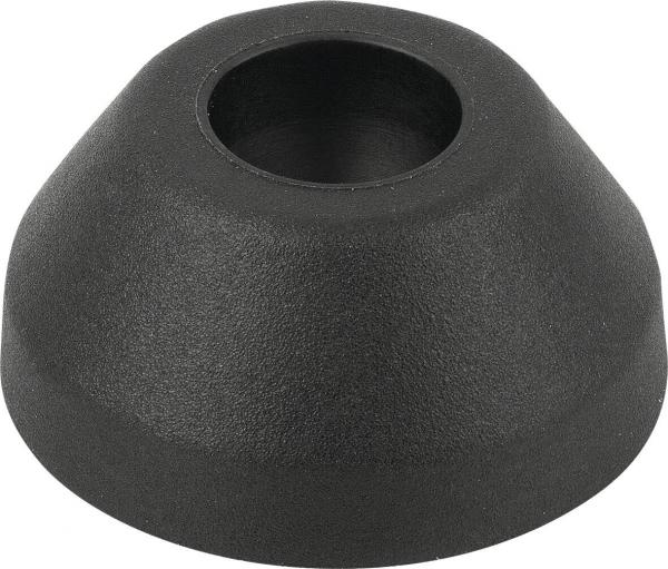 The image shows a conical, black object made of plastic. It has a smooth surface and a tall, rounded end that tapers down to an opening.