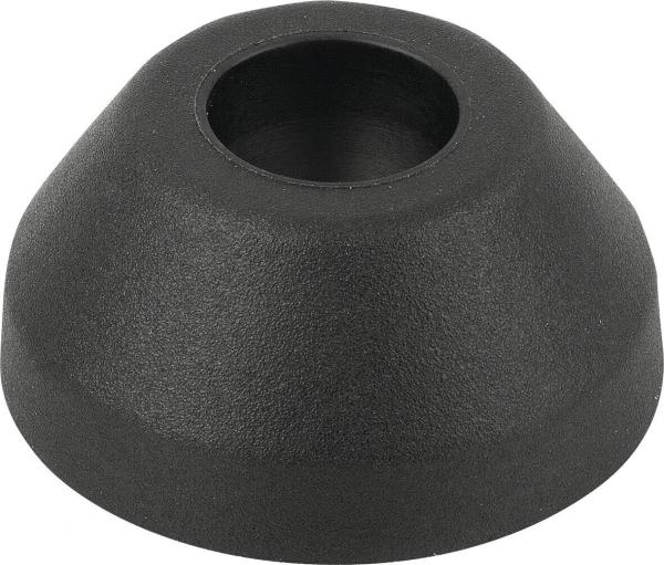 The image shows a conical, black rubber mount. It has a round, hollow interior and a rough surface. The shape is stable and flattened at the bottom.