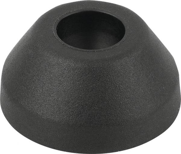 The image displays a conically shaped object made of black material. It has a smooth surface and an opening in the center that tapers inward. The shape resembles a small hat.