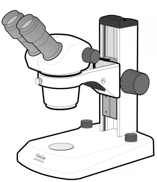 The image shows a microscope with two ocular lenses. The head is semi-circular and mounted on a stable, rectangular base. There are knobs for focus adjustment.