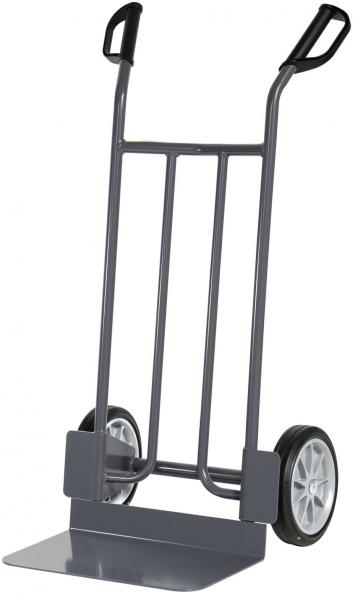 The image shows a handcart with two large, round wheels. It has a sturdy metal frame with two handles on top and a flat loading area at the bottom.