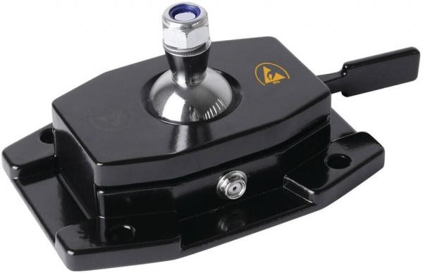 The image shows a black holder with a round metal head in the center and a lever on the side. The head has a blue dot and is mounted on a sturdy base.