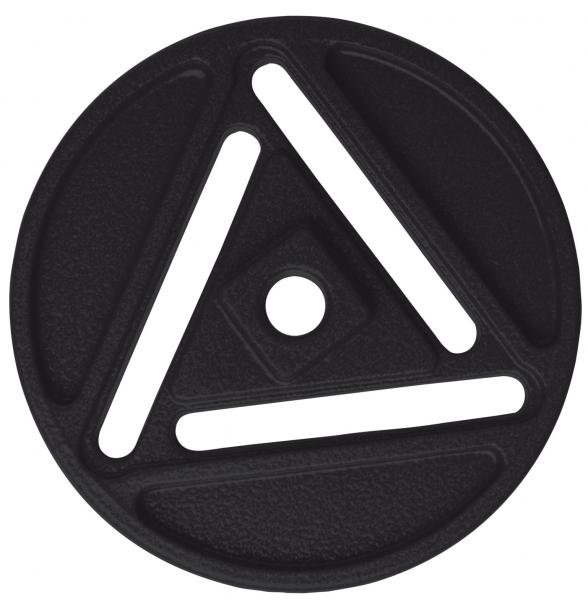 The image shows a round, black plate with a pattern in the shape of an equilateral triangle and a small, round indentation in the middle. There are three white lines that form the pattern.
