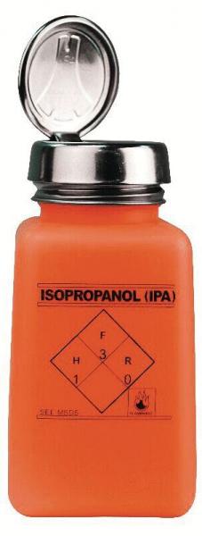 The image shows an orange bottle with a silver cap. The bottle is labeled "Isopropanol (IPA)" and features several hazard symbols.