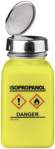 The image shows a yellow glass container with a metal closure. It reads "ISOPROPANOL" with warning symbols for danger and fire in black.