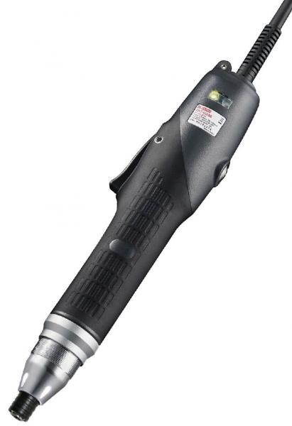 The image shows a black electric hand tool with a round, metallic shiny head. It has a handle and a cord. There are several buttons and a small light on the body.