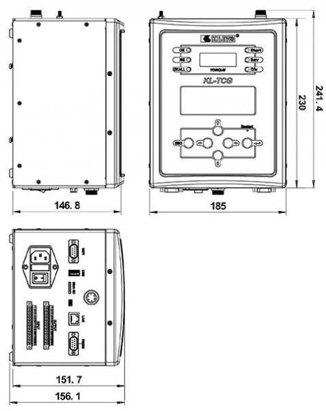 Das Bild zeigt einen technischen Gerät mit drei Ansichten: Vorderansicht mit Display und Tasten, linke und rechte Seitenansicht mit Anschlüssen. Maße sind angegeben.
