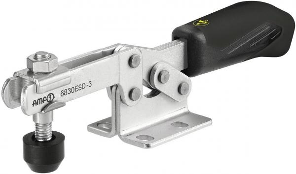 The image shows a sturdy, silver lever mechanism with a black handle. At one end, there is a round, black attachment, while the other end has a mounting.