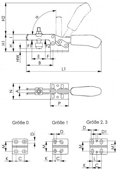 The image displays technical drawings of a lever mechanism. At the top, dimensions such as H1, H2, B, and L1 are shown, while at the bottom various sizes (0, 1, 2, 3) with specific measurements are depicted.