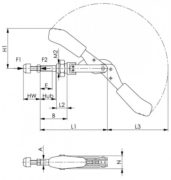 Das Bild zeigt eine technische Zeichnung eines Hebels mit zwei Griffen. Es sind Maße und Linien angedeutet, die den Aufbau und die Mechanik des Hebels darstellen.