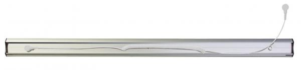 The image displays a slim, elongated LED strip made of aluminum. It features a silver surface and thin, white wires protruding from the sides.