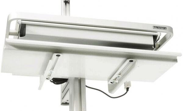 The image shows a white storage solution with a roller on top for dispensing foil and a shelf below. The structure is designed in a minimalist and functional style.