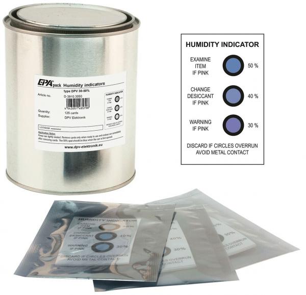Das Bild zeigt eine silberne Dose mit dem Label ?EPX-Humidity Indicator? und mehreren durchsichtigen Beuteln. Neben der Dose befindet sich eine Übersicht über den Feuchtigkeitsanzeiger mit farbigen Kreisen.