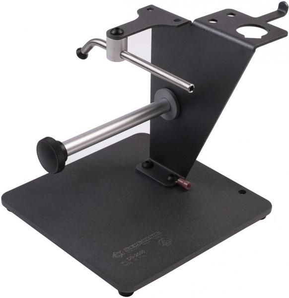 The image shows a sturdy holder made of black metal. It has a rectangular base, a vertical stand, and a horizontal arm designed for holding devices.