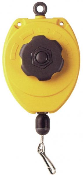 The image shows a yellow tape measure with a black turning knob in the center. Below, there is a small carabiner for attachment. It is compact and handy.