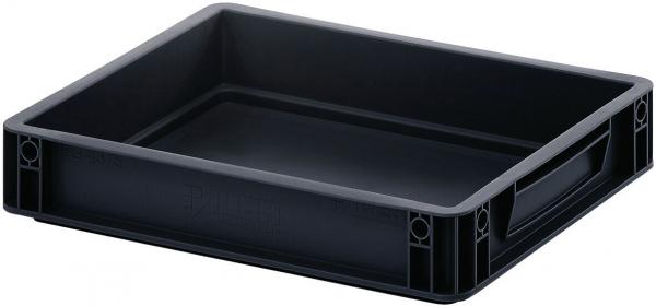 Das Bild zeigt eine flache, schwarze Kunststoffschale. Sie hat gerade Seiten, eine glatte Innenfläche und an den kurzen Seiten jeweils einen Griff. Ideal für Aufbewahrung und Transport.