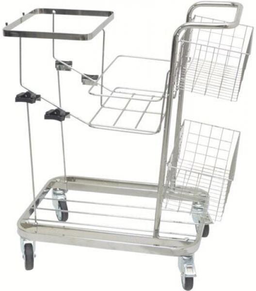 The image shows a silver serving cart with four wheels. It has multiple shelves in the form of a wire basket and a flat surface on top. The frame is made of metal.