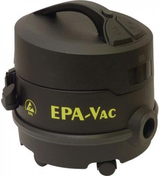 The image shows a compact, black vacuum cleaner with a round shape and a handle. On the front, the "EPA-Vac" logo is visible in bright yellow. It has wheels for mobility.