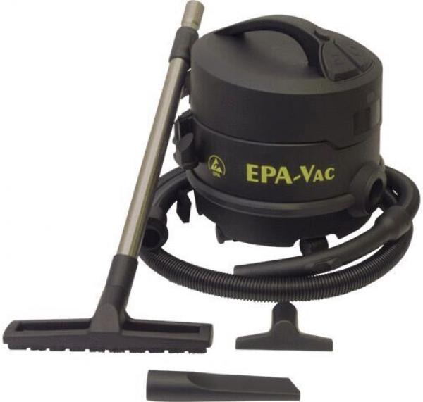 The image shows a black, round vacuum cleaner labeled "EPA-Vac". It includes a flexible hose and two attachments for different surfaces, all compactly arranged.