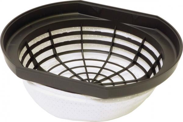 The image displays a standalone kitchen device: a sieve or a bowl with a black insert. The insert features a grid pattern, while the bowl is white and round with a flat bottom.