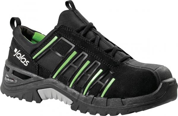 The shoe is a black half-shoe with green and gray design. It has a sturdy, non-slip sole and is well-suited for work, with practical laces.