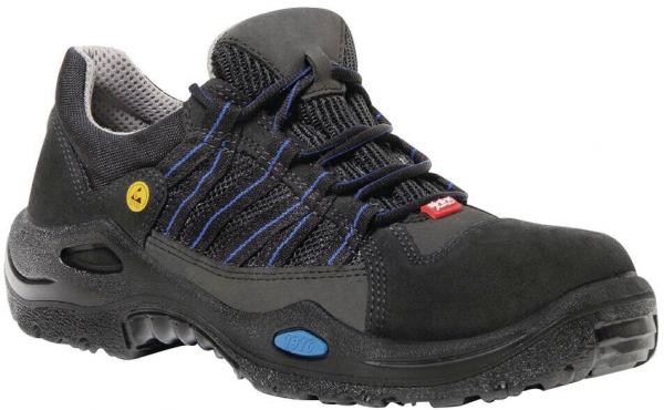 Der Schuh ist ein schwarzer Sicherheitsschuh mit einer stabilen Sohle. Er hat blauen und grauen Schnürsenkeln sowie einen gelben Sicherheitsknopf auf der Seite. Die Oberfläche ist aus robustem Material.