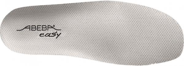 The image shows a gray shoe sole with a textured surface. On one side, the inscription "ABEBA easy" appears in black lettering. The sole has a slightly curved shape.