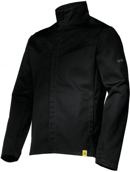 Das Bild zeigt eine schwarze Jacke mit stehem Kragen und langen Ärmeln. Sie hat eine schlichte, moderne Form und eine kleine Seitentasche. Der Stoff wirkt robust und hochwertig.
