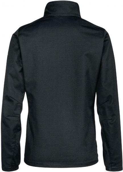 Das Bild zeigt die Rückansicht einer schwarzen Jacke mit Stehkragen und langen Ärmeln. Der Stoff wirkt fest und strapazierfähig, ohne auffällige Muster oder Details.