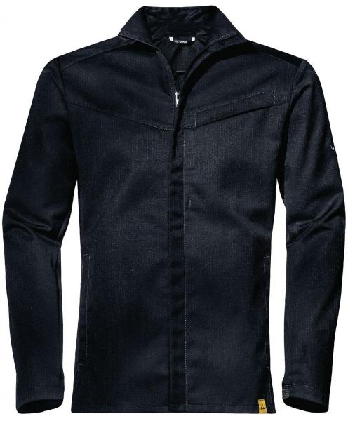 Das Bild zeigt eine schwarze Jacke mit langem Arm. Sie hat einen schmalen Stehkragen und einen durchgehenden Reißverschluss. An den Schultern sind leichte Nähte sichtbar.