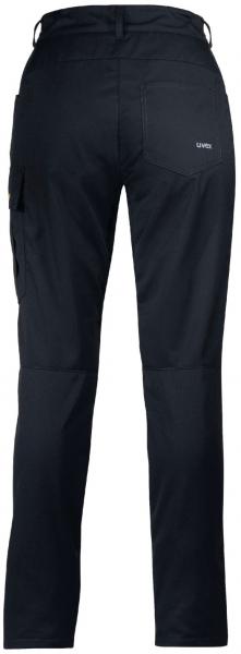 Das Bild zeigt eine schwarze Hose von hinten. Sie hat eine gerade Passform und einen einfachen, klassischen Schnitt. Auf der rechten Seite ist eine kleine Tasche angebracht.