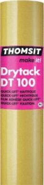 The image shows a roll of yellow tape. The label displays the words "THOMSIT make it! Drytack DT 100" in pink and black, with instructions on how to use the tape.