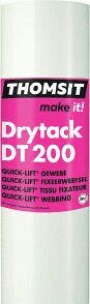 The image shows a roll with adhesive-coated material. The top part features a black inscription "THOMSIT make it!". Below it, "Drytack DT200" is written in pink.
