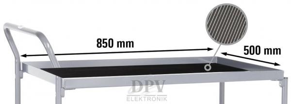 The image shows a work table with a metal frame. It is 850 mm high and 500 mm wide. There is a handle on the side. The tabletop is black and smooth.
