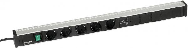 The image shows a narrow metal power strip with six outlets and a green switch. It is elongated and has a flat design, ideal for use on desks or walls.