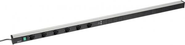 The image displays a long, narrow power strip in silver and black. It features multiple sockets and a switch for turning it on and off. A cable runs from one end.