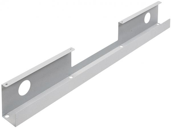 The image displays a straight, rectangular metal strip in silver color. It features rectangular protrusions at both ends pointing upwards and two round cutouts in the center.