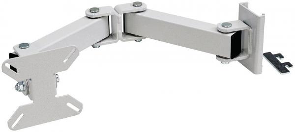 The image displays an adjustable monitor arm made of silver-colored metal. It features two joints and a mount to flexibly attach the monitor to the wall or desk.