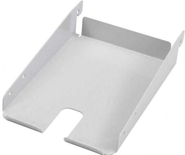 The image displays a white, rectangular metal holder. It has an open front, two side walls, and a flat bottom surface. The corners are rounded. Ideal for storing items.