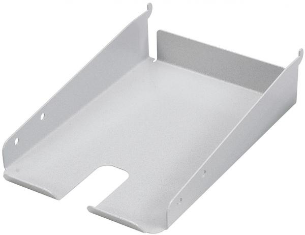 Das Bild zeigt einen weißen, flachen Ablagekasten mit offenen Seiten und einer eingekerbten Vorderseite. Er hat eine schlichte, rechteckige Form und ist aus Metall gefertigt.